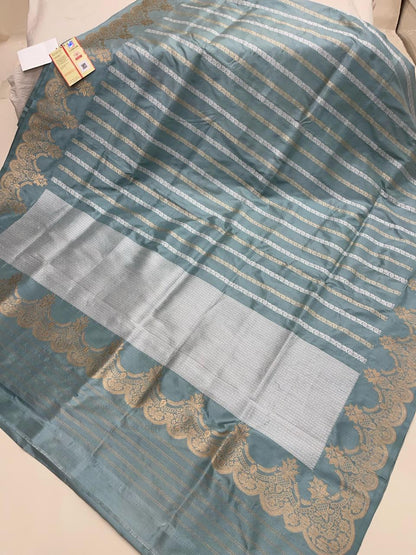 Faishana Pure Silk Handloom Grey Katan Silk Sona Rupa Zari Kadhwa Strip with Kadhwa Zari Border and Grey Blouse