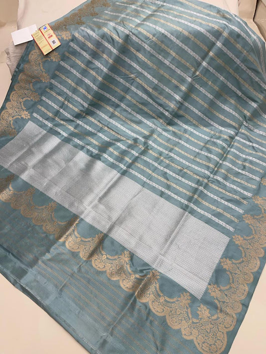 Faishana Pure Silk Handloom Grey Katan Silk Sona Rupa Zari Kadhwa Strip with Kadhwa Zari Border and Grey Blouse