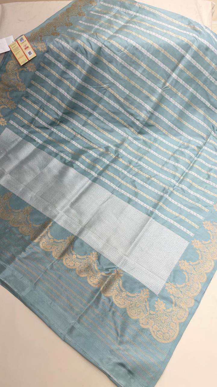 Faishana Pure Silk Handloom Grey Katan Silk Sona Rupa Zari Kadhwa Strip with Kadhwa Zari Border and Grey Blouse