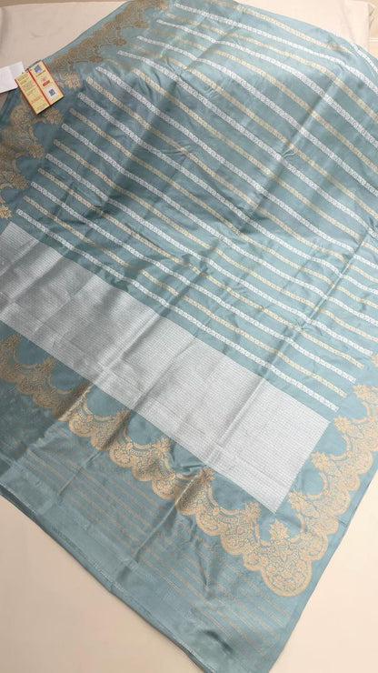 Faishana Pure Silk Handloom Grey Katan Silk Sona Rupa Zari Kadhwa Strip with Kadhwa Zari Border and Grey Blouse