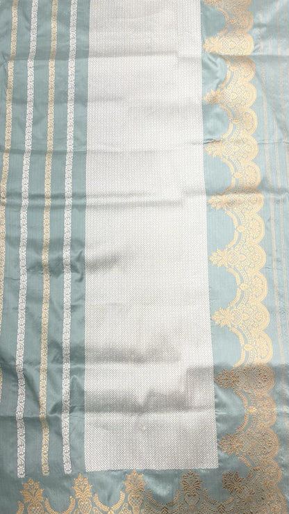 Faishana Pure Silk Handloom Grey Katan Silk Sona Rupa Zari Kadhwa Strip with Kadhwa Zari Border and Grey Blouse