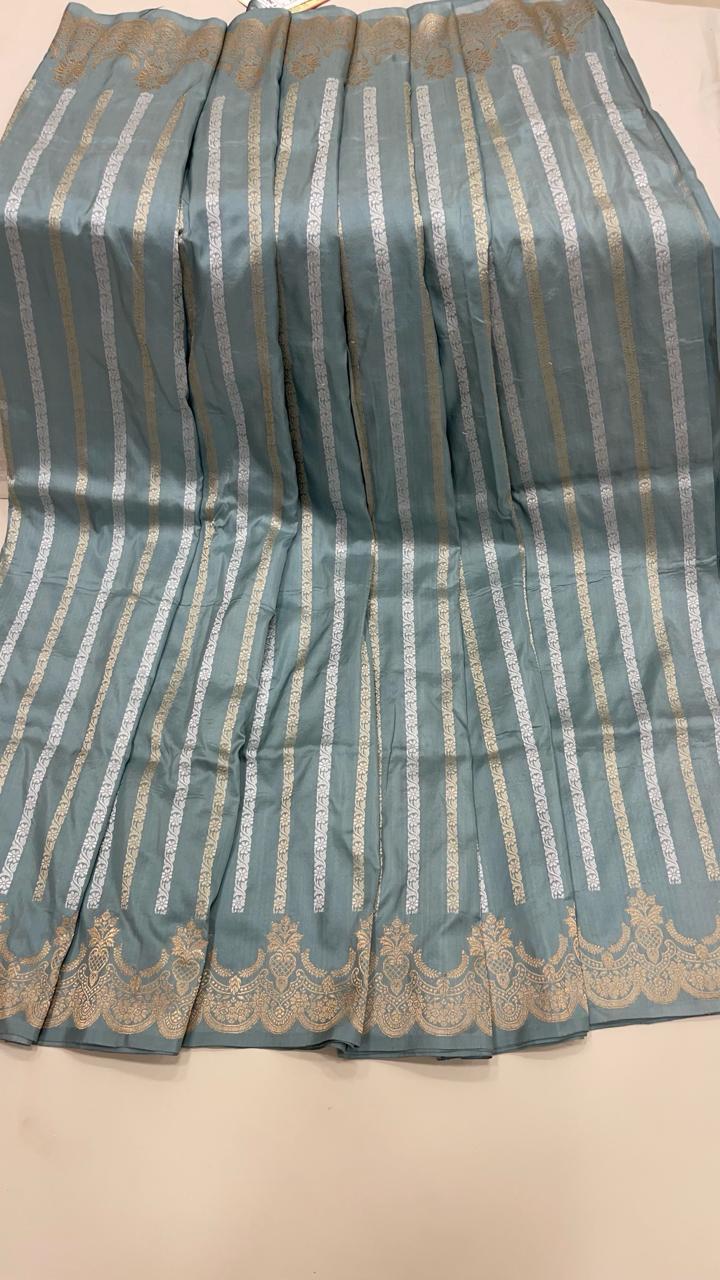 Faishana Pure Silk Handloom Grey Katan Silk Sona Rupa Zari Kadhwa Strip with Kadhwa Zari Border and Grey Blouse