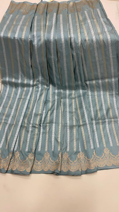 Faishana Pure Silk Handloom Grey Katan Silk Sona Rupa Zari Kadhwa Strip with Kadhwa Zari Border and Grey Blouse