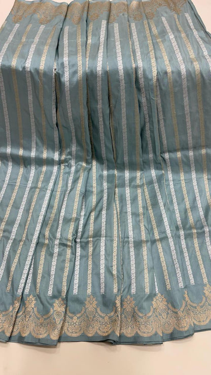 Faishana Pure Silk Handloom Grey Katan Silk Sona Rupa Zari Kadhwa Strip with Kadhwa Zari Border and Grey Blouse