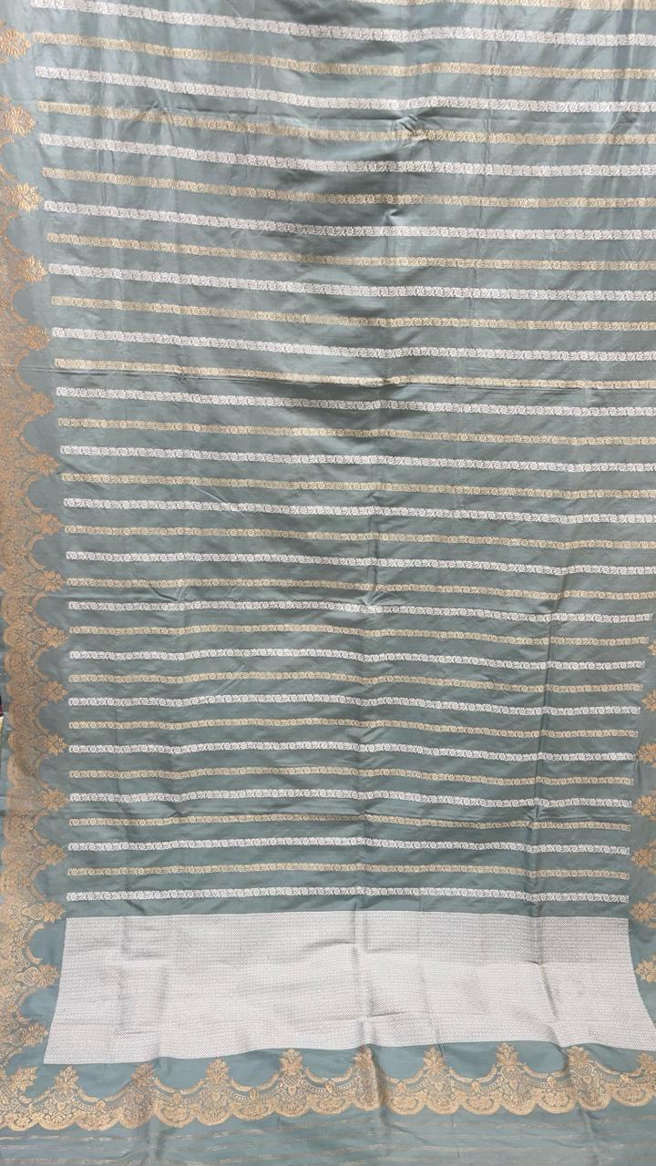 Faishana Pure Silk Handloom Grey Katan Silk Sona Rupa Zari Kadhwa Strip with Kadhwa Zari Border and Grey Blouse