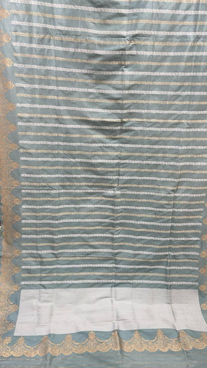 Faishana Pure Silk Handloom Grey Katan Silk Sona Rupa Zari Kadhwa Strip with Kadhwa Zari Border and Grey Blouse