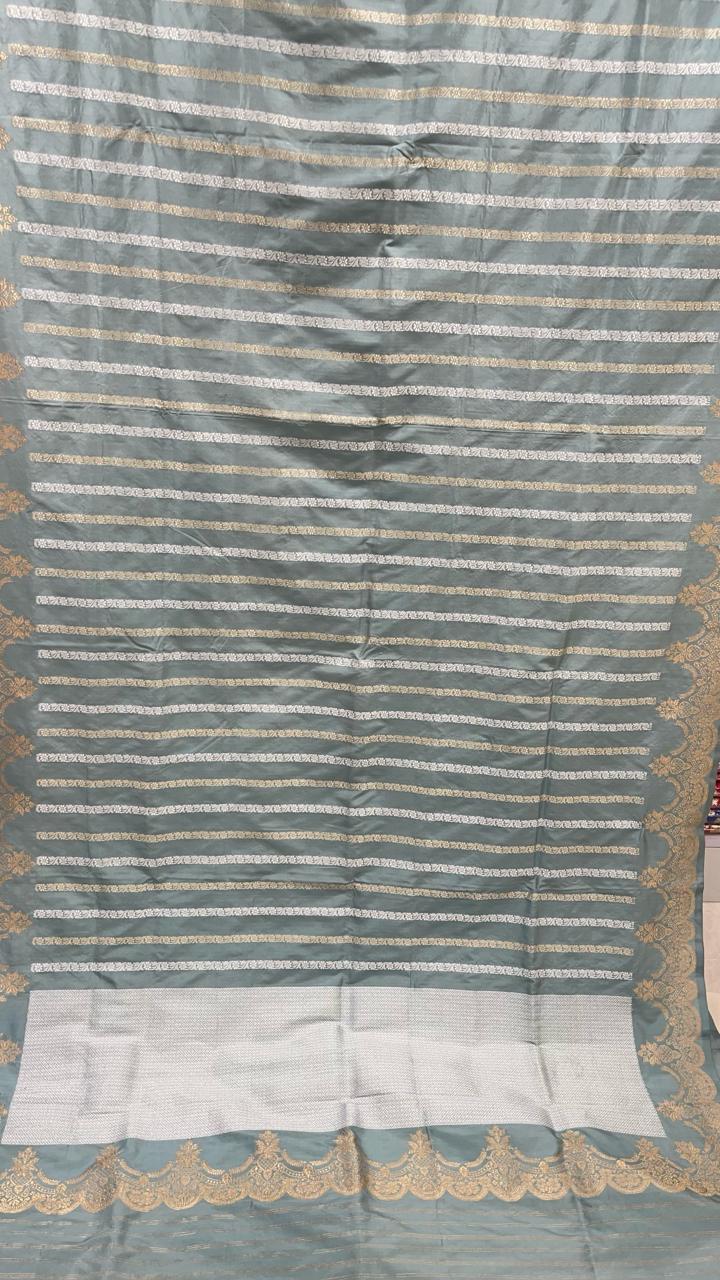 Faishana Pure Silk Handloom Grey Katan Silk Sona Rupa Zari Kadhwa Strip with Kadhwa Zari Border and Grey Blouse