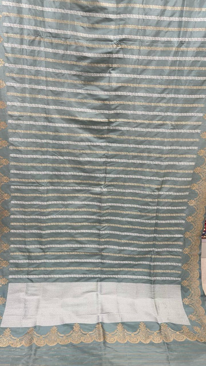 Faishana Pure Silk Handloom Grey Katan Silk Sona Rupa Zari Kadhwa Strip with Kadhwa Zari Border and Grey Blouse