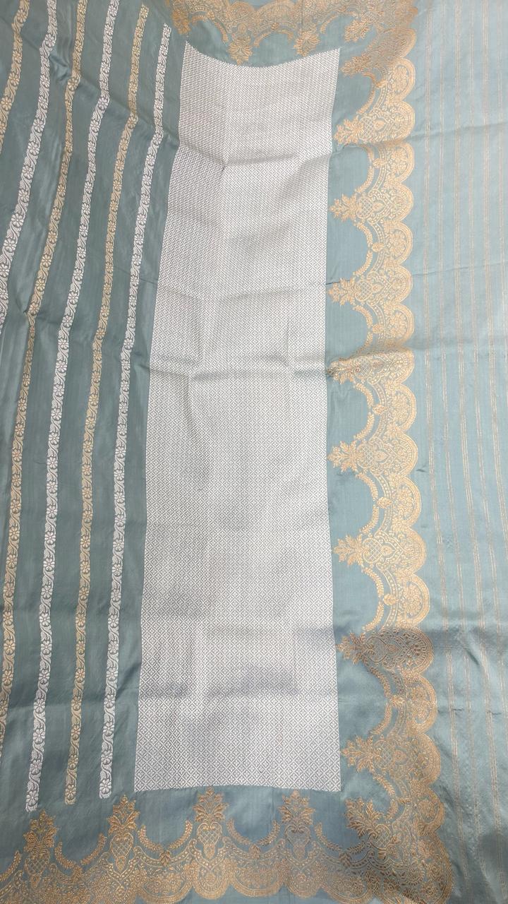 Faishana Pure Silk Handloom Grey Katan Silk Sona Rupa Zari Kadhwa Strip with Kadhwa Zari Border and Grey Blouse