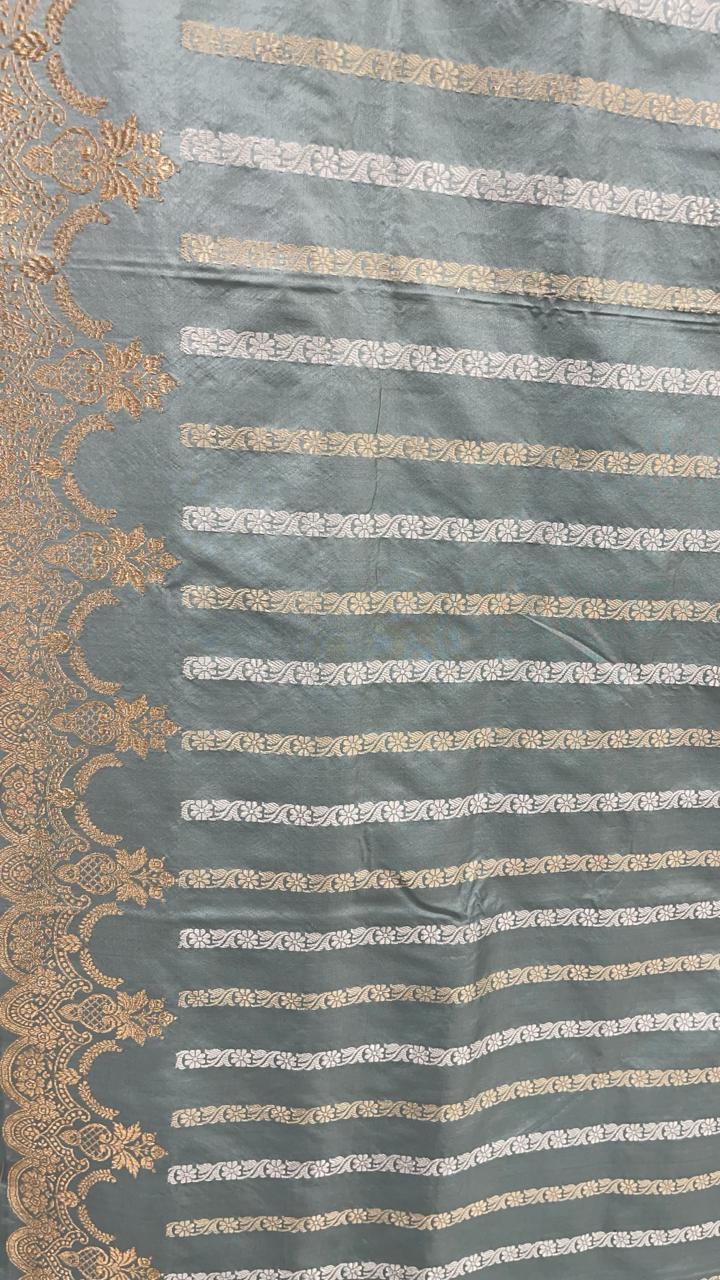 Faishana Pure Silk Handloom Grey Katan Silk Sona Rupa Zari Kadhwa Strip with Kadhwa Zari Border and Grey Blouse