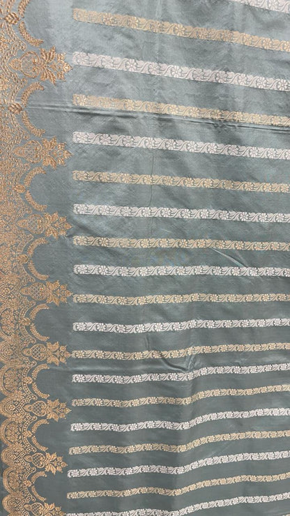 Faishana Pure Silk Handloom Grey Katan Silk Sona Rupa Zari Kadhwa Strip with Kadhwa Zari Border and Grey Blouse
