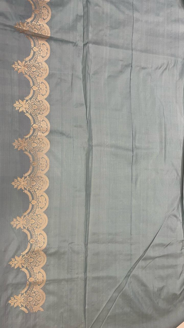Faishana Pure Silk Handloom Grey Katan Silk Sona Rupa Zari Kadhwa Strip with Kadhwa Zari Border and Grey Blouse