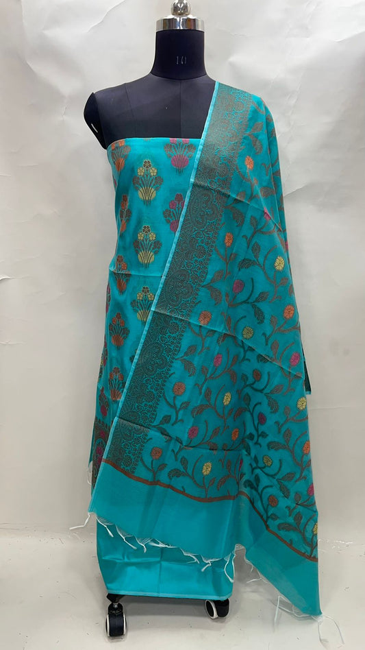 Faishana Presents Rama Green Cotton Resham Zari Mina Boota 3pcs Suit Set accompanied with Plain Bottom and Zari Zig-Zag Border Rama Green Dupatta