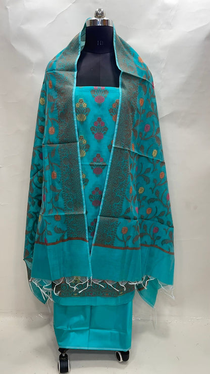 Faishana Presents Rama Green Cotton Resham Zari Mina Boota 3pcs Suit Set accompanied with Plain Bottom and Zari Zig-Zag Border Rama Green Dupatta