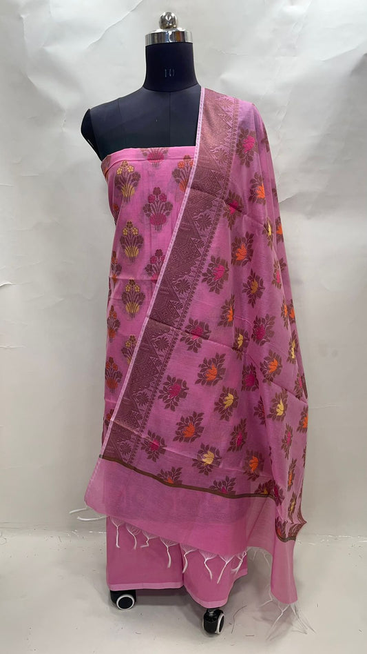 Faishana Presents Pink Cotton Resham Zari Mina Boota 3pcs Suit Set accompanied with Plain Bottom and Zari Zig-Zag Border Pink Dupatta