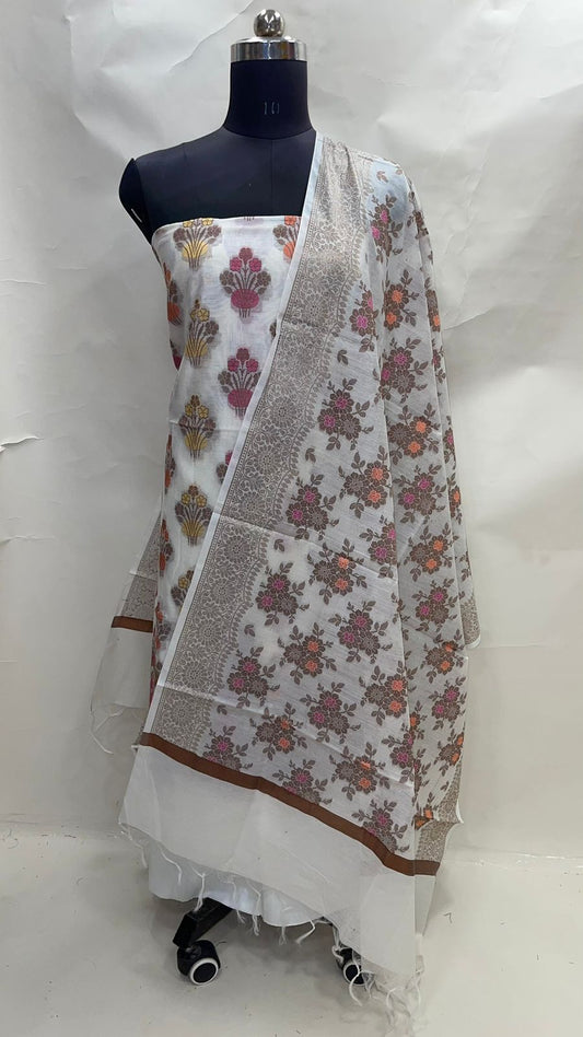 Faishana Presents Beige Cotton Resham Zari Mina Boota 3pcs Suit Set accompanied with Plain Bottom and Zari Zig-Zag Border Pink Dupatta