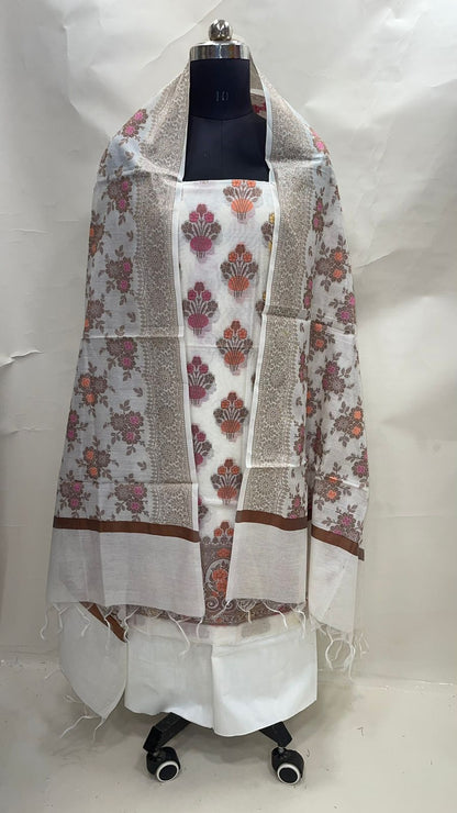 Faishana Presents Beige Cotton Resham Zari Mina Boota 3pcs Suit Set accompanied with Plain Bottom and Zari Zig-Zag Border Pink Dupatta