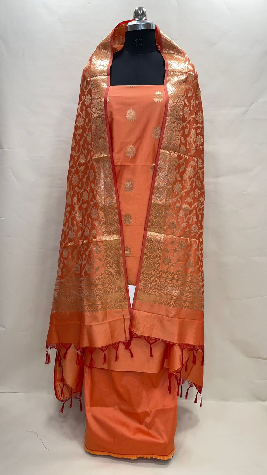 Faishana Presents Orange Katan Silk 3pcs Suit Set accompanied with Plain Bottom and Top Golden Zari Booti with Orange Golden Jaal Katan Silk Dupatta