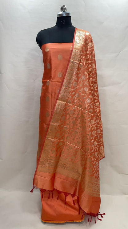 Faishana Presents Orange Katan Silk 3pcs Suit Set accompanied with Plain Bottom and Top Golden Zari Booti with Orange Golden Jaal Katan Silk Dupatta