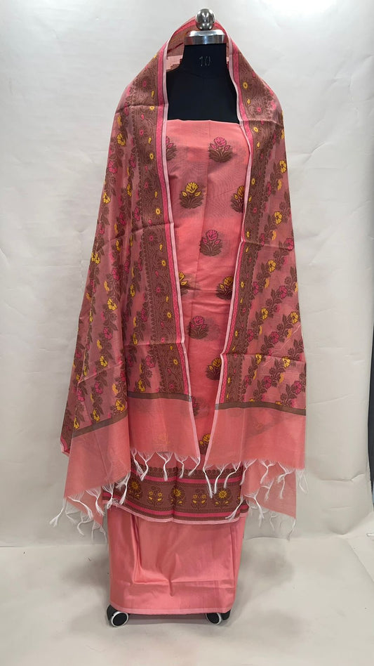 Faishana Presents Off-white Cotton Resham Zari Floral Mina Boota 3pcs Suit Set accompanied with Plain Bottom and Resham Zari Mina Stripe Jaal Off-white Dupatta