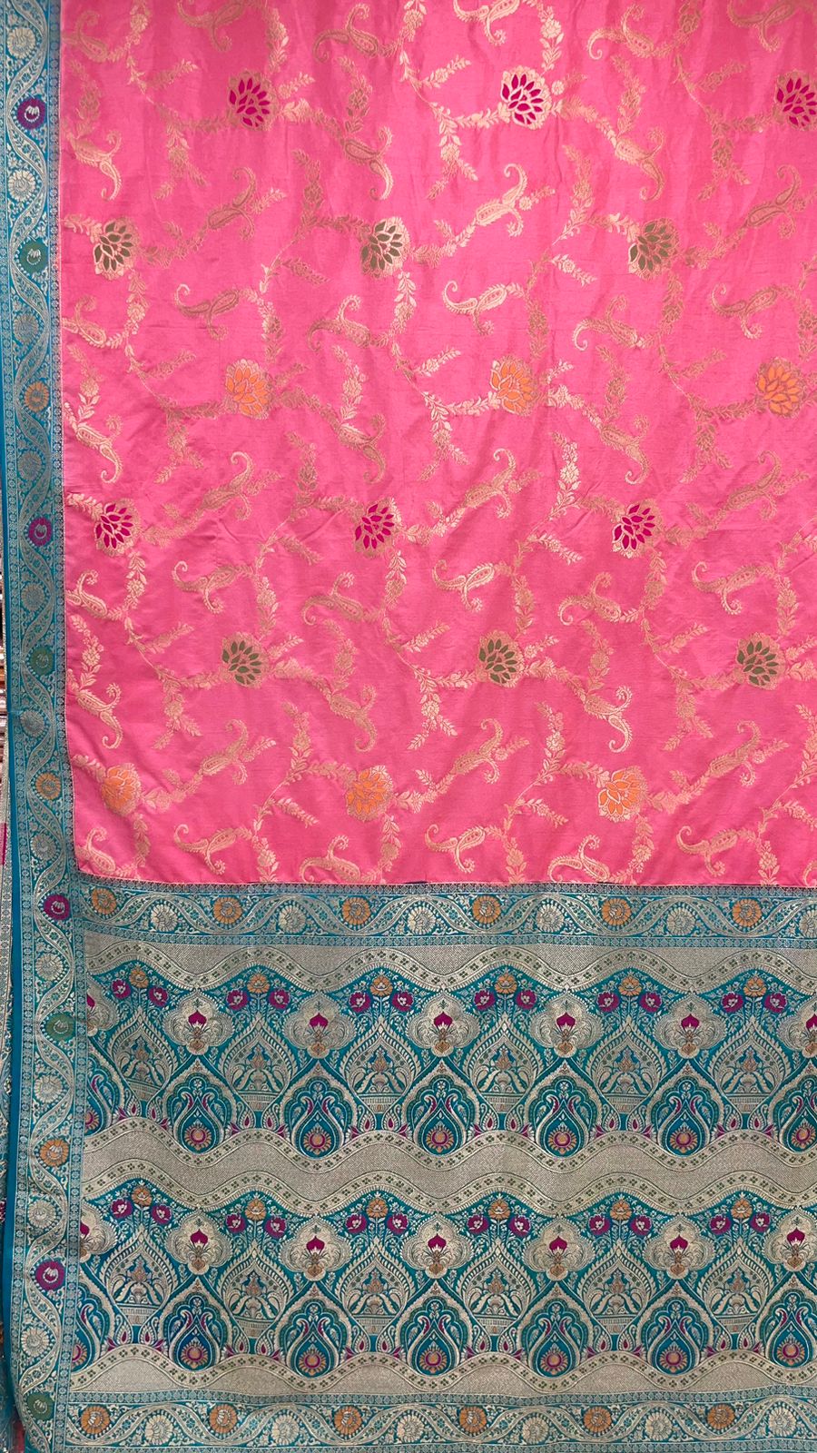 Faishana Presents Baby Pink Dupion Silk Floral Mina Zari Jaal with Contrast Sea Green Paithani Mina Zari Pallu Zari Border and Sea Green Blouse