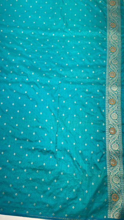 Faishana Presents Baby Pink Dupion Silk Floral Mina Zari Jaal with Contrast Sea Green Paithani Mina Zari Pallu Zari Border and Sea Green Blouse