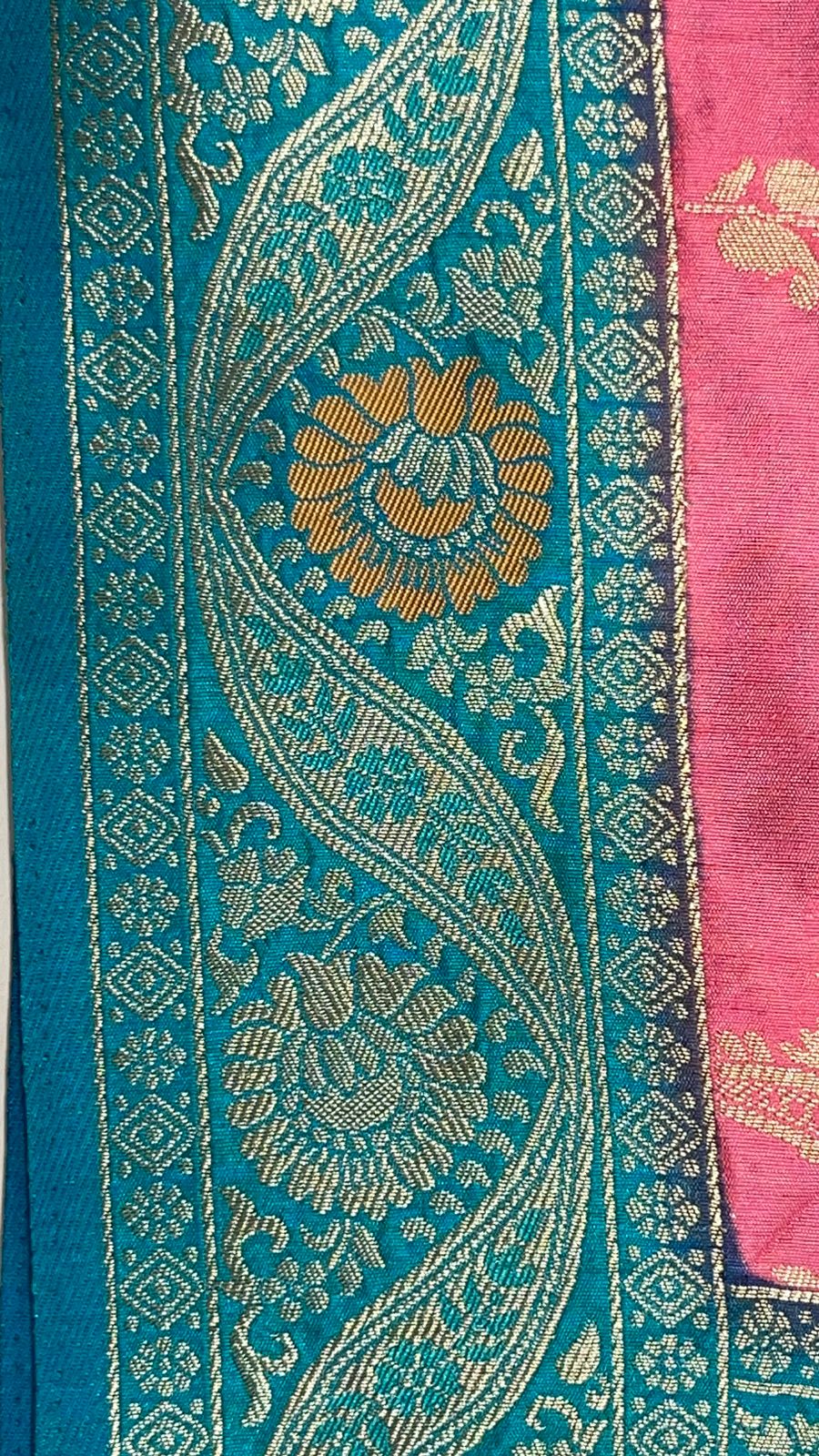 Faishana Presents Baby Pink Dupion Silk Floral Mina Zari Jaal with Contrast Sea Green Paithani Mina Zari Pallu Zari Border and Sea Green Blouse
