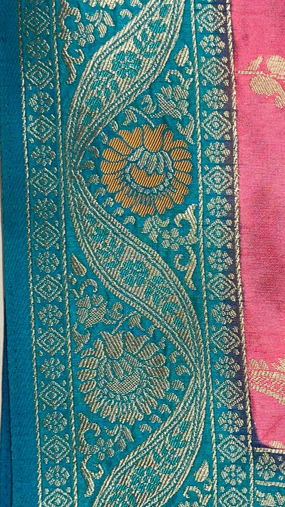 Faishana Presents Baby Pink Dupion Silk Floral Mina Zari Jaal with Contrast Sea Green Paithani Mina Zari Pallu Zari Border and Sea Green Blouse