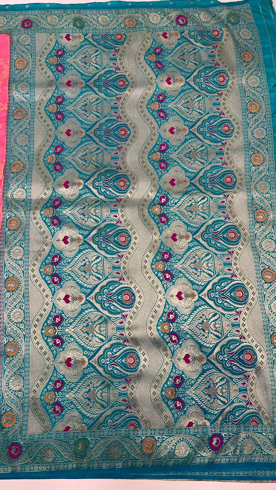 Faishana Presents Baby Pink Dupion Silk Floral Mina Zari Jaal with Contrast Sea Green Paithani Mina Zari Pallu Zari Border and Sea Green Blouse
