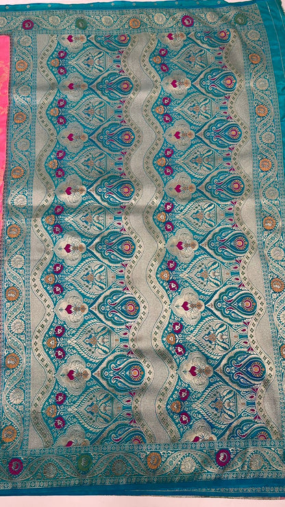 Faishana Presents Baby Pink Dupion Silk Floral Mina Zari Jaal with Contrast Sea Green Paithani Mina Zari Pallu Zari Border and Sea Green Blouse