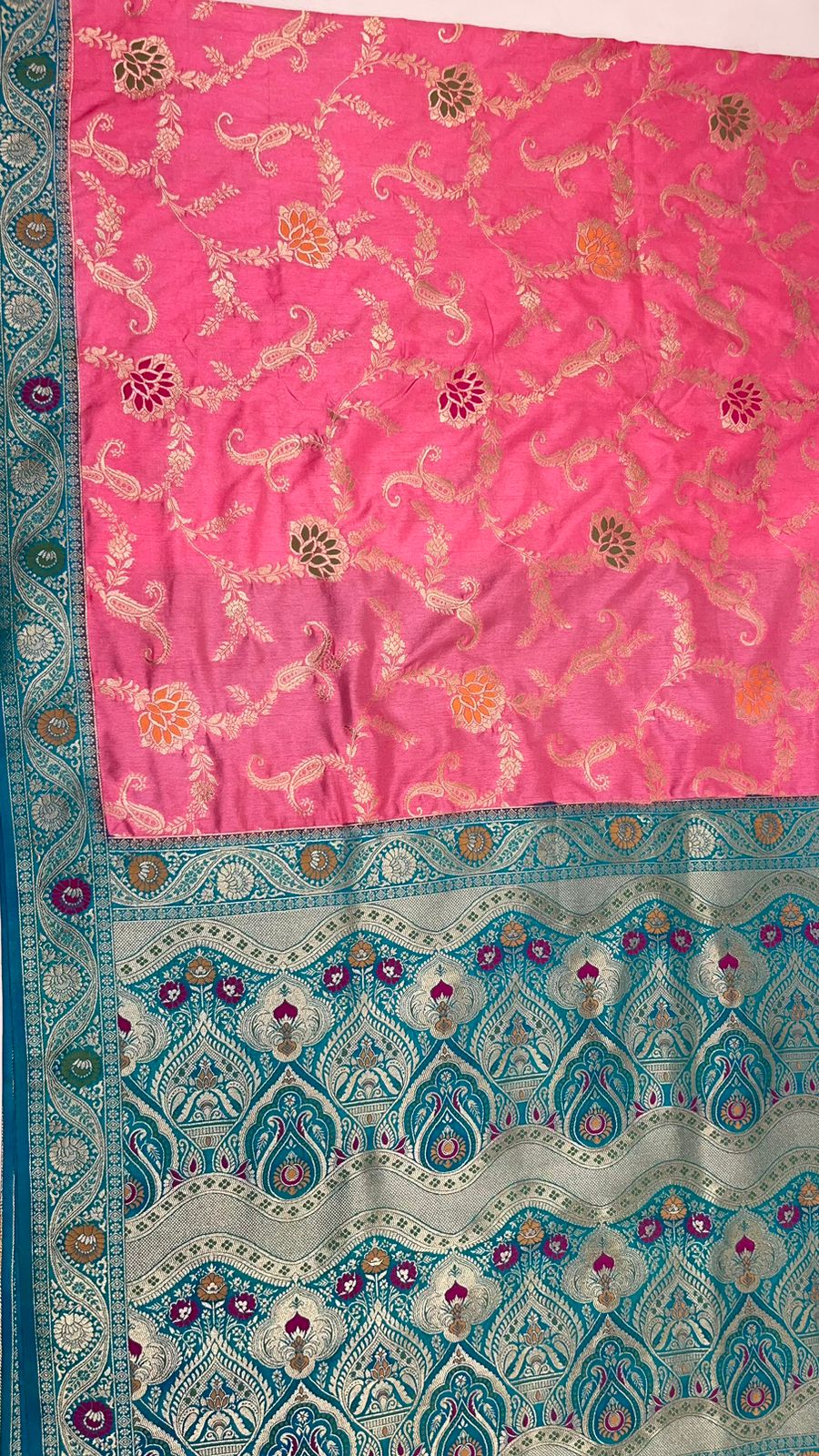 Faishana Presents Baby Pink Dupion Silk Floral Mina Zari Jaal with Contrast Sea Green Paithani Mina Zari Pallu Zari Border and Sea Green Blouse