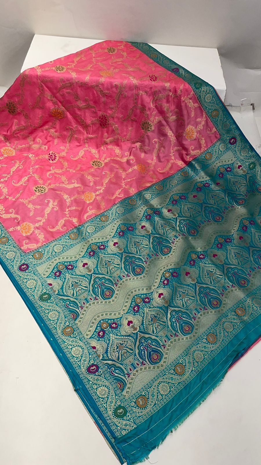 Faishana Presents Baby Pink Dupion Silk Floral Mina Zari Jaal with Contrast Sea Green Paithani Mina Zari Pallu Zari Border and Sea Green Blouse