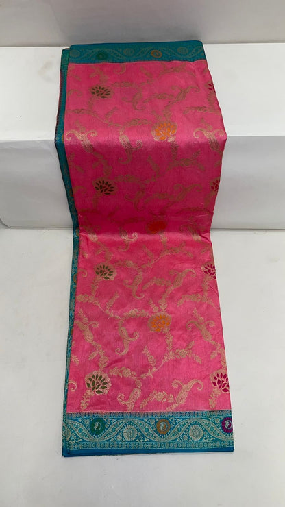 Faishana Presents Baby Pink Dupion Silk Floral Mina Zari Jaal with Contrast Sea Green Paithani Mina Zari Pallu Zari Border and Sea Green Blouse