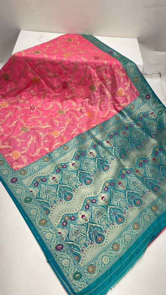 Faishana Presents Baby Pink Dupion Silk Floral Mina Zari Jaal with Contrast Sea Green Paithani Mina Zari Pallu Zari Border and Sea Green Blouse
