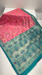 Faishana Presents Baby Pink Dupion Silk Floral Mina Zari Jaal with Contrast Sea Green Paithani Mina Zari Pallu Zari Border and Sea Green Blouse