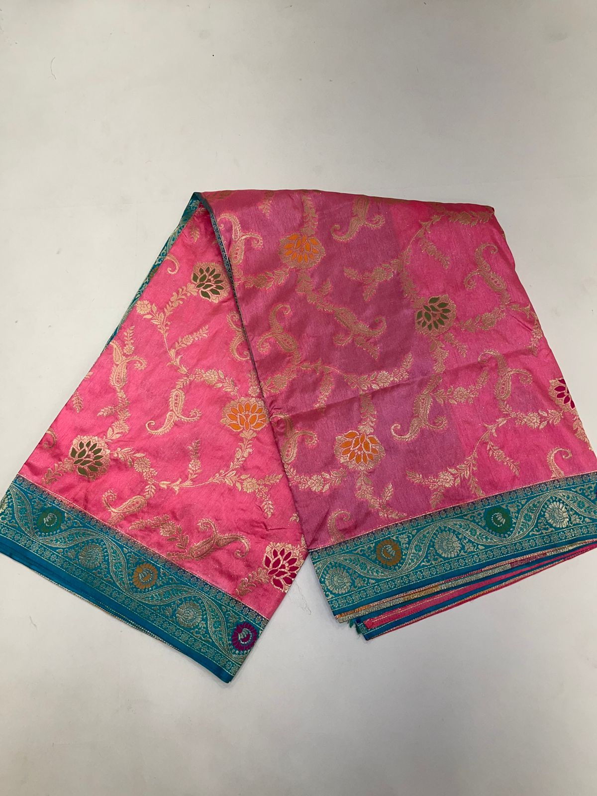Faishana Presents Baby Pink Dupion Silk Floral Mina Zari Jaal with Contrast Sea Green Paithani Mina Zari Pallu Zari Border and Sea Green Blouse
