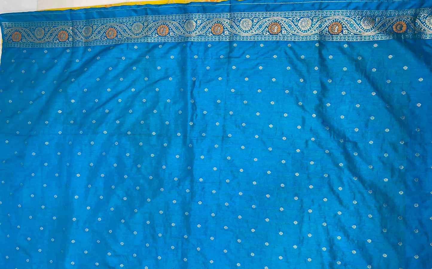 Faishana Presents Yellow Dupion Silk Floral Mina Zari Jaal with Contrast Sky Blue Paithani Mina Zari Pallu Zari Border and Sky Blue Blouse