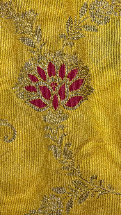 Faishana Presents Yellow Dupion Silk Floral Mina Zari Jaal with Contrast Sky Blue Paithani Mina Zari Pallu Zari Border and Sky Blue Blouse