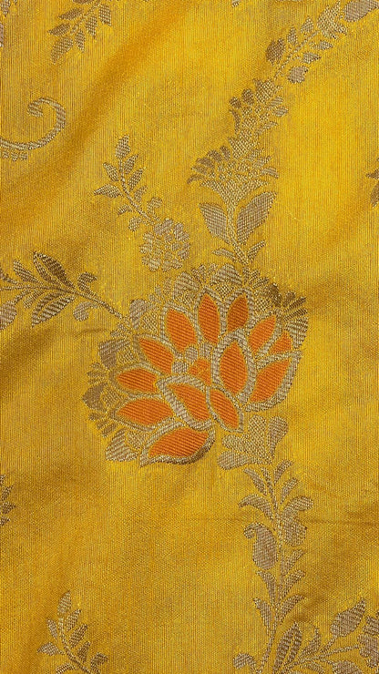 Faishana Presents Yellow Dupion Silk Floral Mina Zari Jaal with Contrast Sky Blue Paithani Mina Zari Pallu Zari Border and Sky Blue Blouse