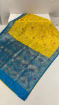 Faishana Presents Yellow Dupion Silk Floral Mina Zari Jaal with Contrast Sky Blue Paithani Mina Zari Pallu Zari Border and Sky Blue Blouse