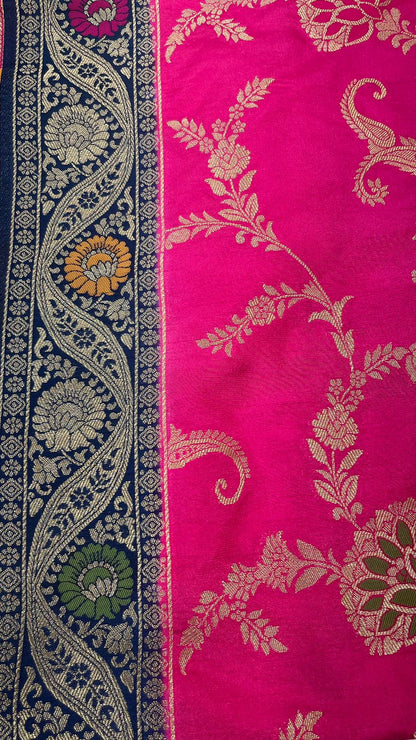 Faishana Presents Magenta Dupion Silk Floral Mina Zari Jaal with Contrast Navy Blue Paithani Mina Zari Pallu Zari Border and Navy Blue Blouse