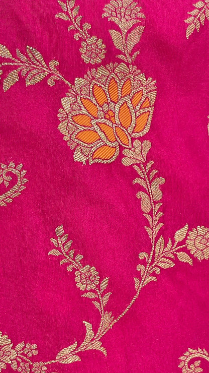 Faishana Presents Magenta Dupion Silk Floral Mina Zari Jaal with Contrast Navy Blue Paithani Mina Zari Pallu Zari Border and Navy Blue Blouse