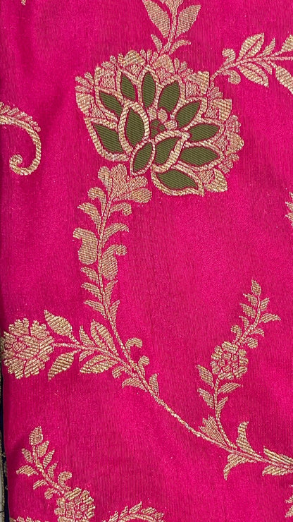 Faishana Presents Magenta Dupion Silk Floral Mina Zari Jaal with Contrast Navy Blue Paithani Mina Zari Pallu Zari Border and Navy Blue Blouse