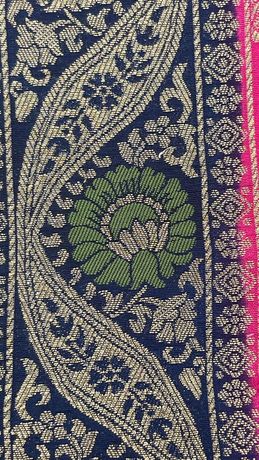 Faishana Presents Magenta Dupion Silk Floral Mina Zari Jaal with Contrast Navy Blue Paithani Mina Zari Pallu Zari Border and Navy Blue Blouse