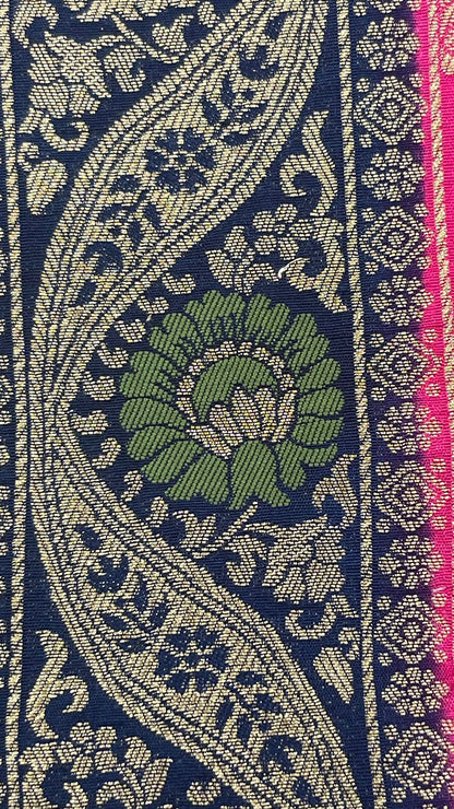 Faishana Presents Magenta Dupion Silk Floral Mina Zari Jaal with Contrast Navy Blue Paithani Mina Zari Pallu Zari Border and Navy Blue Blouse