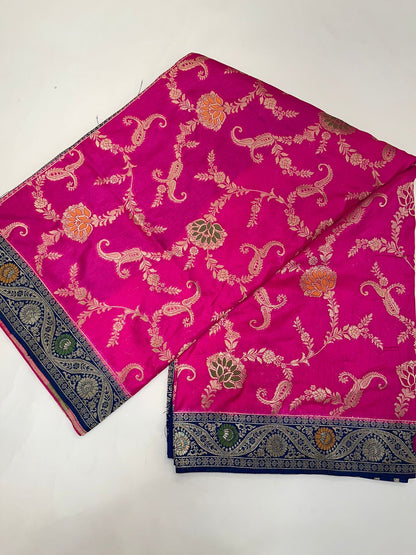 Faishana Presents Magenta Dupion Silk Floral Mina Zari Jaal with Contrast Navy Blue Paithani Mina Zari Pallu Zari Border and Navy Blue Blouse