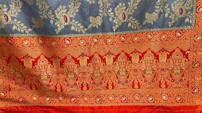 Faishana Presents Grey Dupion Silk Floral Mina Zari Jaal with Contrast Orange Paithani Mina Zari Pallu Zari Border and Orange Blouse