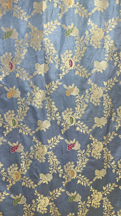 Faishana Presents Grey Dupion Silk Floral Mina Zari Jaal with Contrast Orange Paithani Mina Zari Pallu Zari Border and Orange Blouse