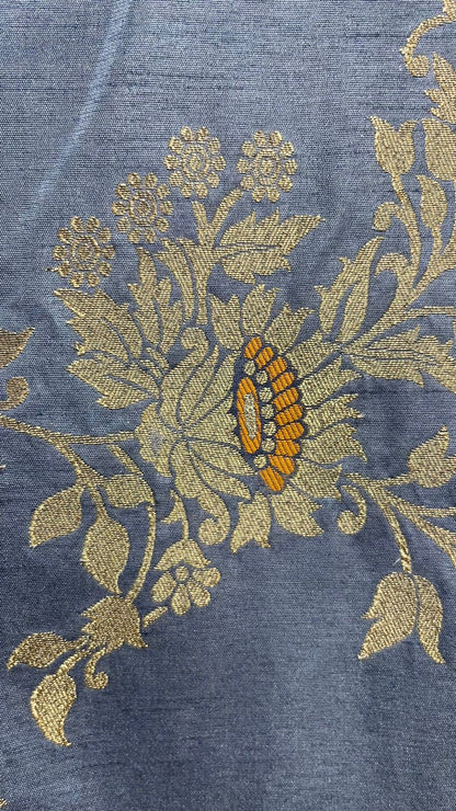 Faishana Presents Grey Dupion Silk Floral Mina Zari Jaal with Contrast Orange Paithani Mina Zari Pallu Zari Border and Orange Blouse