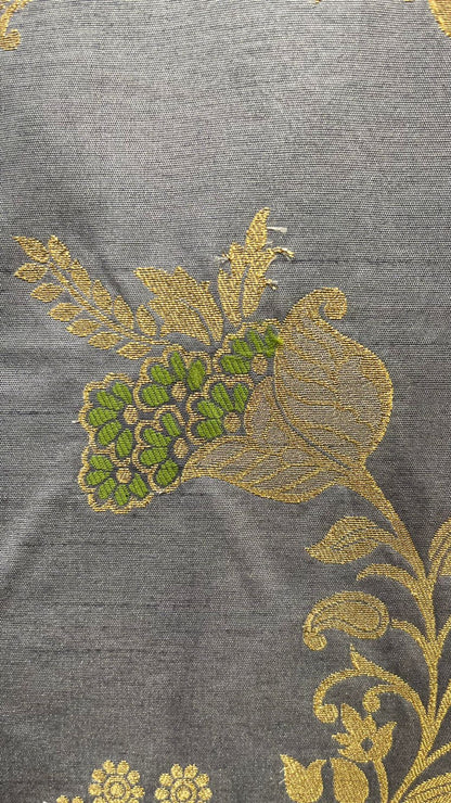 Faishana Presents Grey Dupion Silk Floral Mina Zari Jaal with Contrast Orange Paithani Mina Zari Pallu Zari Border and Orange Blouse